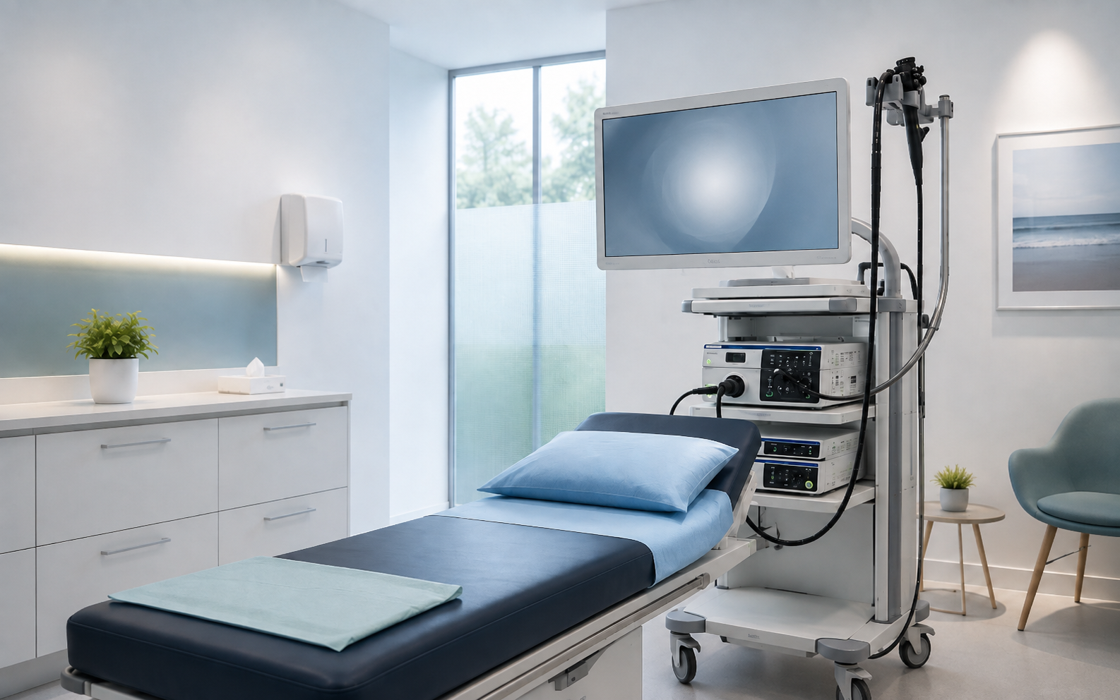 Sala de endoscopía preparada, con camilla y torre de equipos, donde se coloca el balón gástrico sin cirugía abdominal