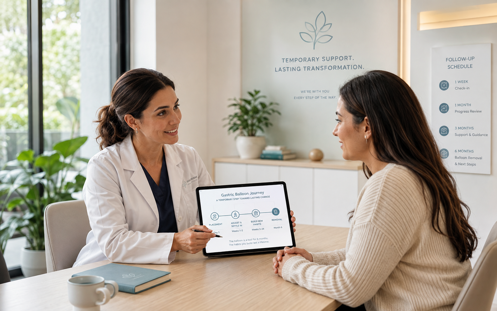 Médica mostrando a una paciente el calendario del tratamiento: colocación, adaptación, hábitos y retiro del balón