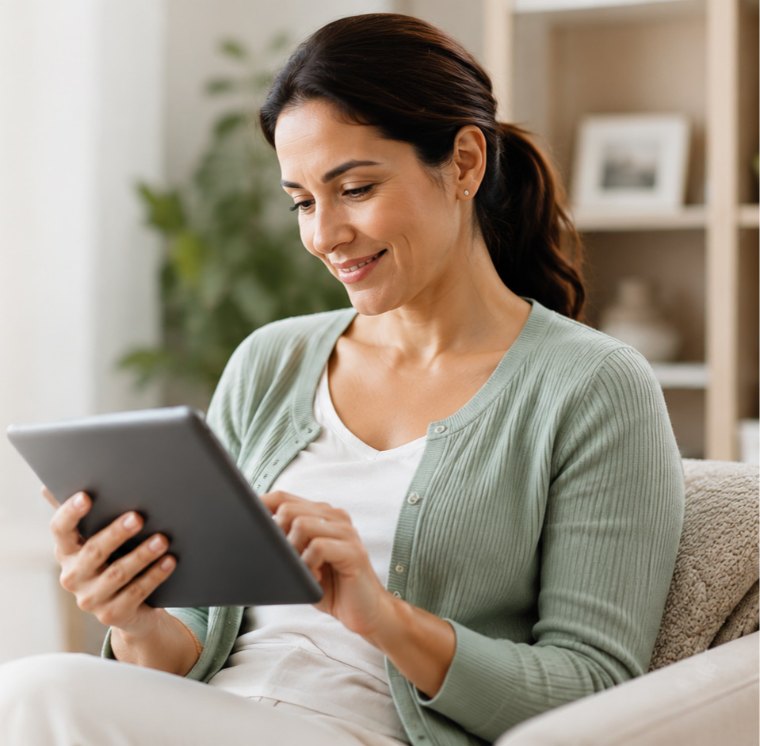 Mujer respondiendo la encuesta de preevaluación en su tablet