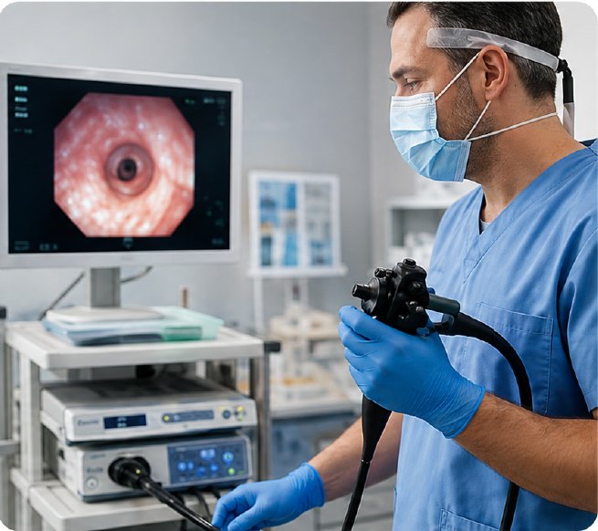 Médico realizando una endoscopía digestiva alta en pabellón